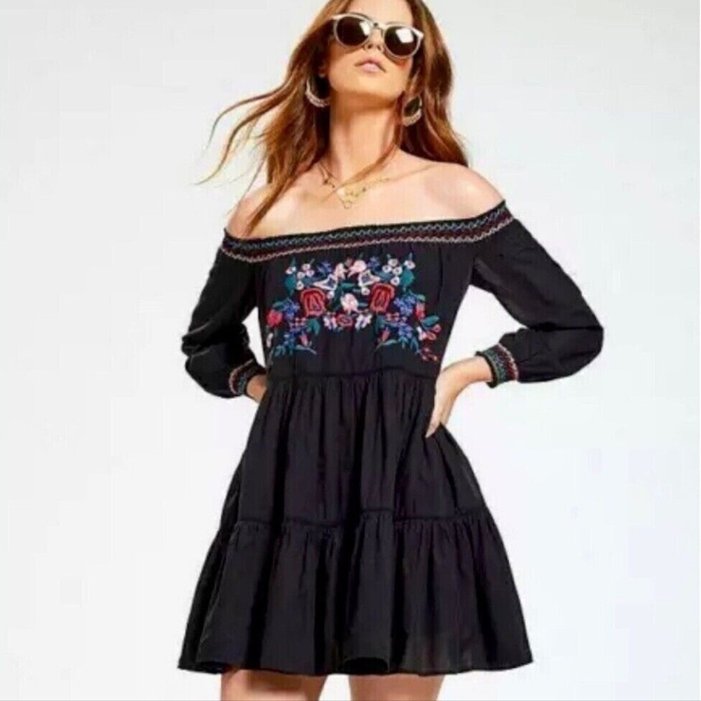 Free People Sunbeams Embroidered Mini Dress Size XS-S Boho Tiered Off Shoulder